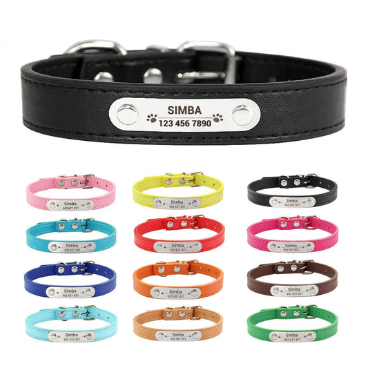 Personalized PU Leather Dog Collar – Custom Name ID Tag, Anti-Lost Design (Pink)