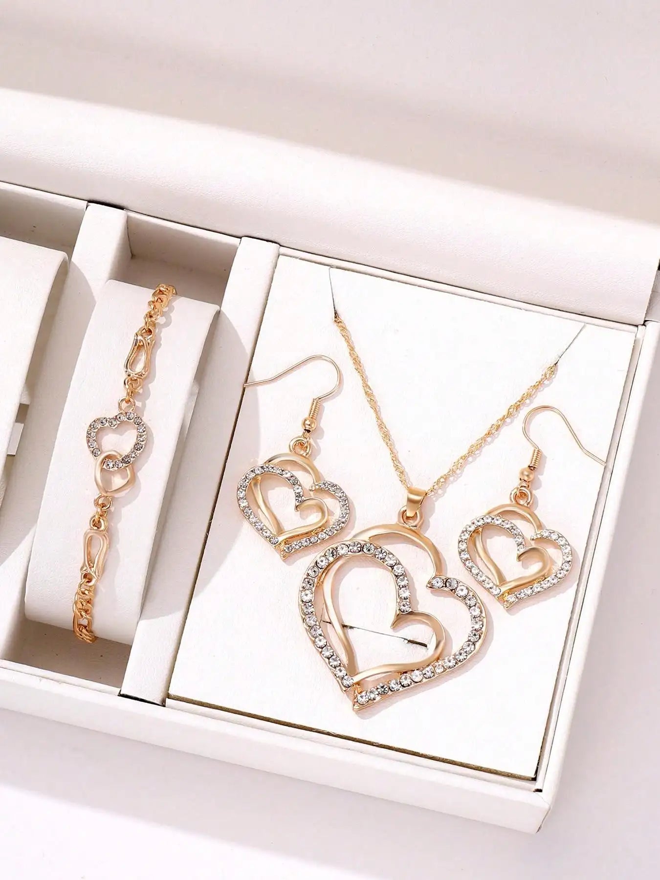 3-Piece Double Heart Jewelry Set – Rhinestone Necklace & Earrings for Women