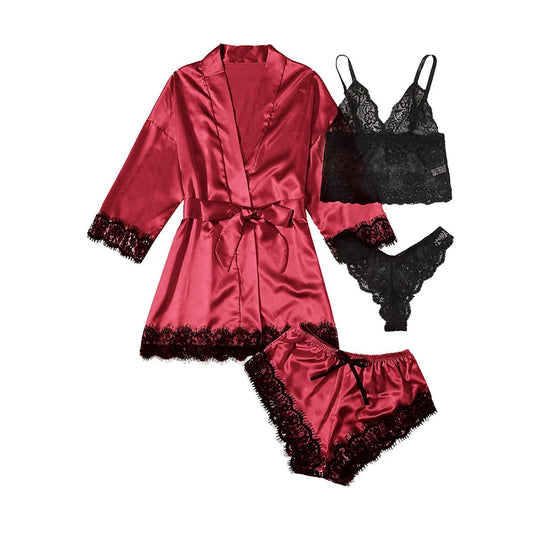 Satin Pajama Set with Lace Trim – Printed Faux Silk Sleepwear for Women
