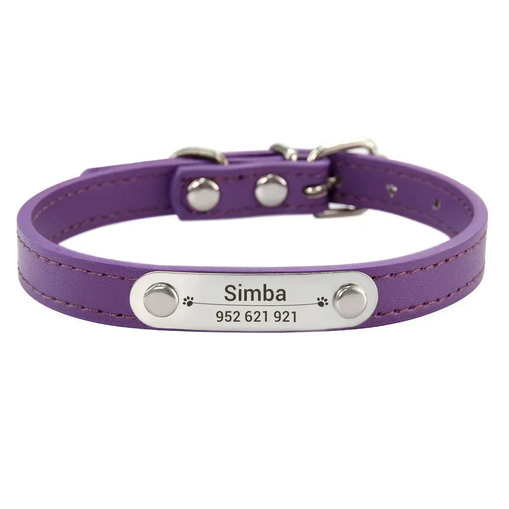 Personalized PU Leather Dog Collar – Custom Name ID Tag, Anti-Lost Design (Pink)