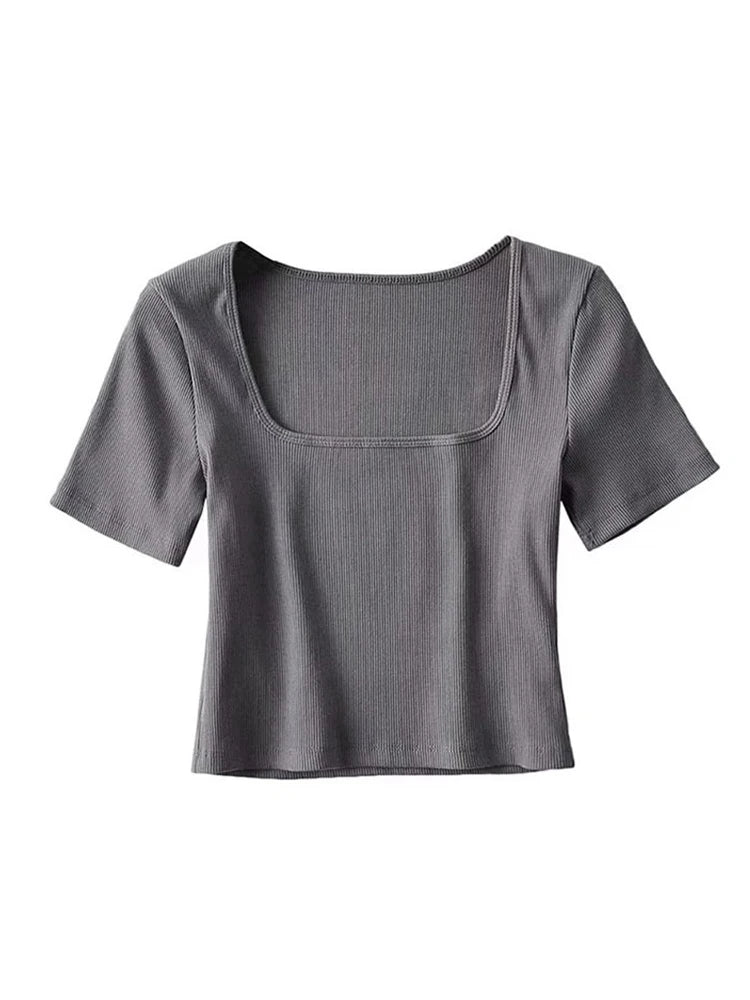 Women’s Square Neck Ribbed Crop T-Shirt – Short Sleeve