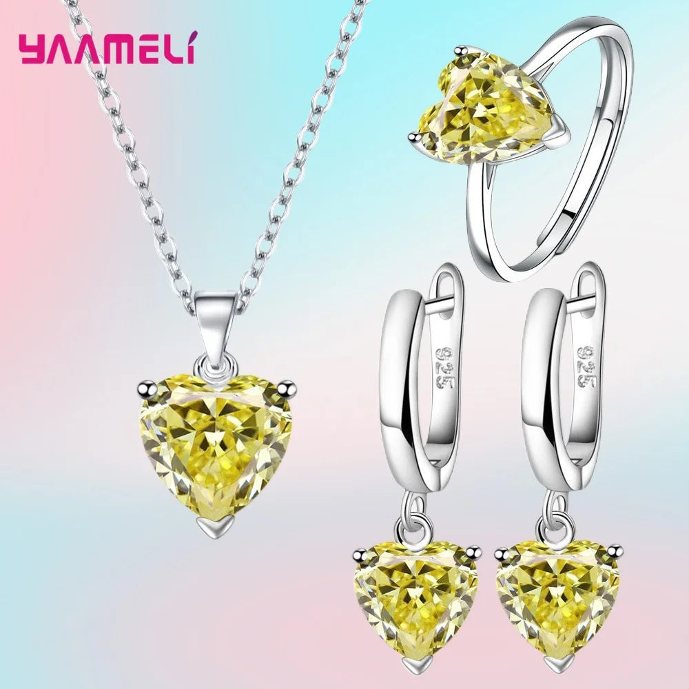 Sterling Silver 925 Heart Jewelry Gift Set – Necklace, Earrings & Ring with Zircon