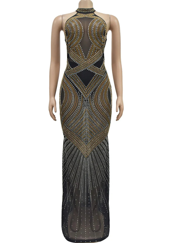 GlamMesh – Rhinestone Backless Maxi Dress for Show-Stopping Evenings