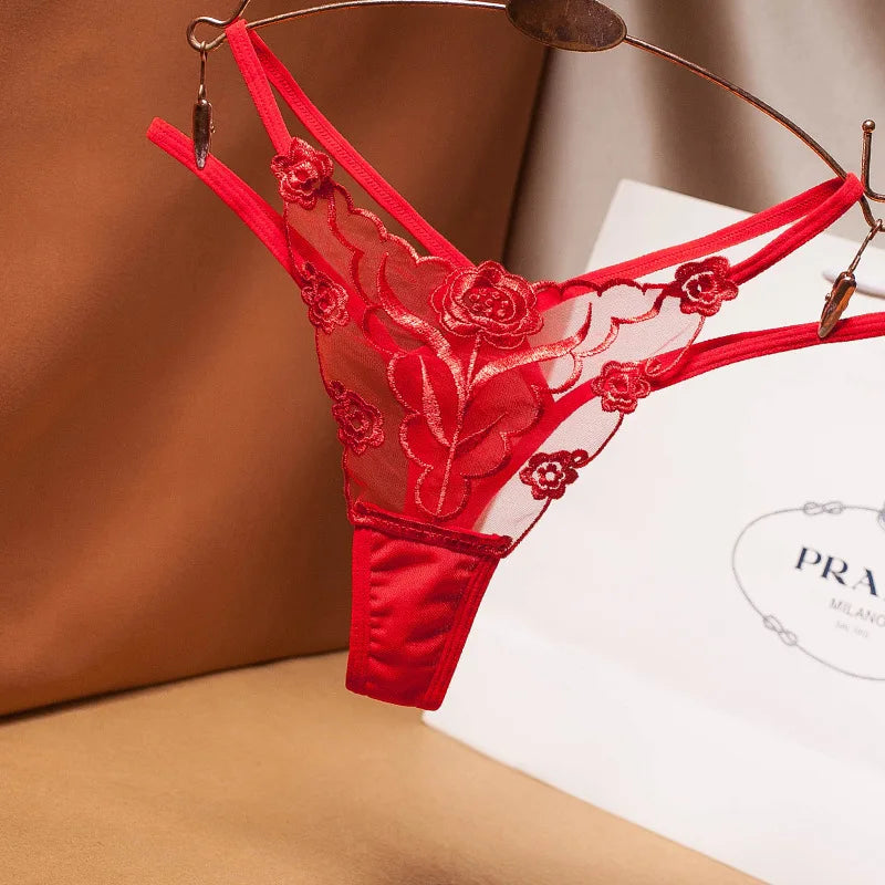 Embroidered Mesh Thong – Seamless Transparent Panties for Women (Plus Size Available)