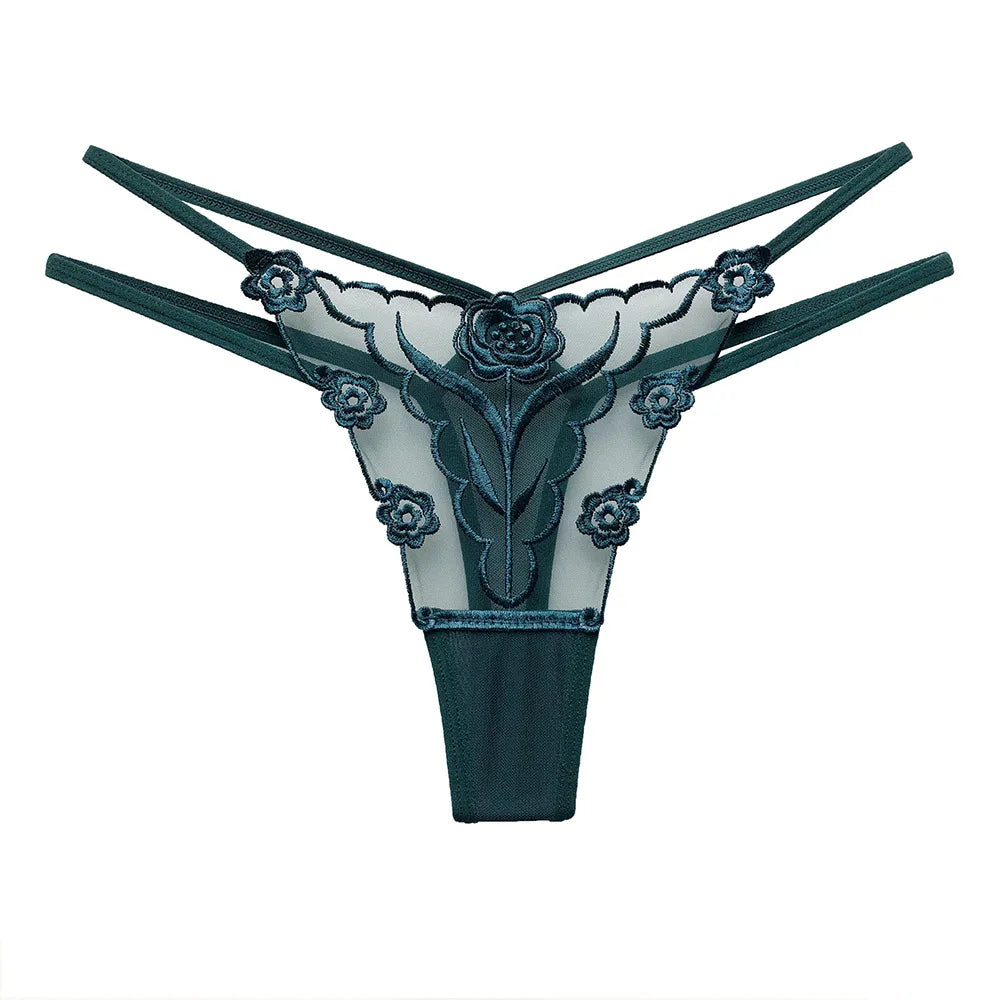 Embroidered Mesh Thong – Seamless Transparent Panties for Women (Plus Size Available)