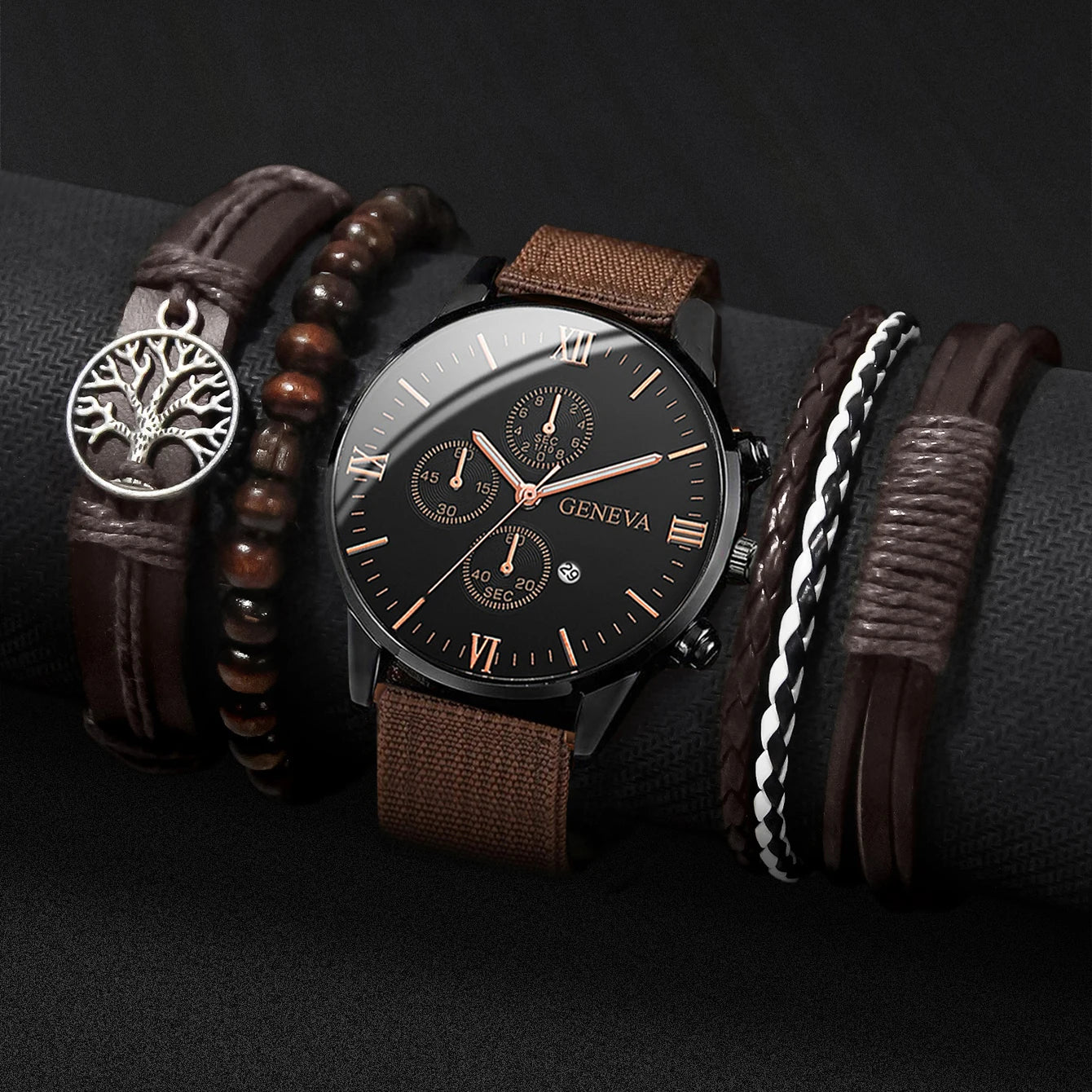 4/5PCS Men’s Casual Quartz Watch & Bracelet Set – Stylish Male Accessories
