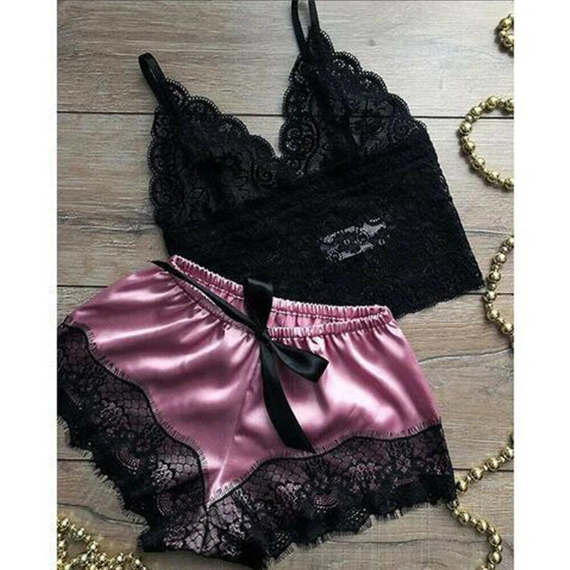 2-Piece Lace Lingerie Sleepwear Set – Cami Top & Shorts Pajamas