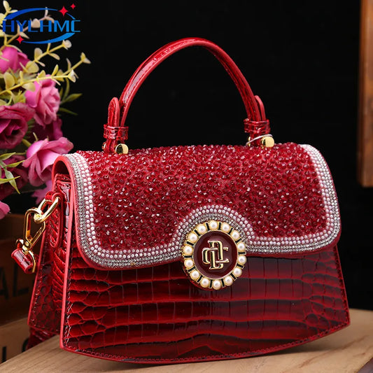 CrimsonGlam – 2025 Croc-Pattern Diamond Shell Handbag