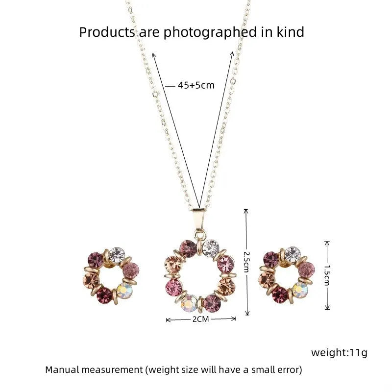 Gold Circle Diamond Jewelry Set – 3PCS Elegant Necklace & Earrings for Women