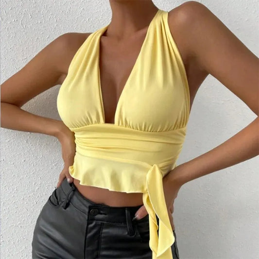 VGlow – Women's Deep V-Neck Pleated Sexy Top