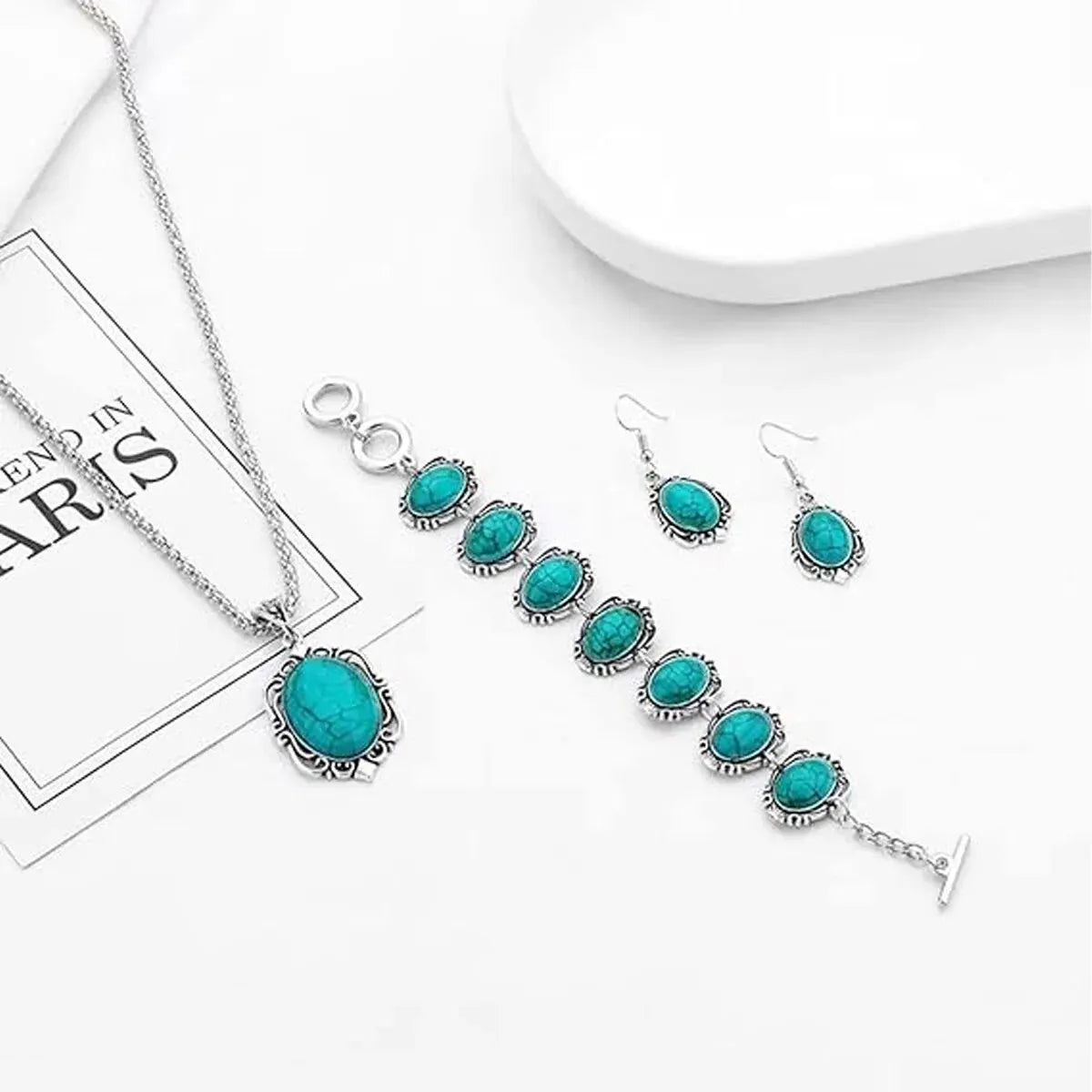 3-Piece Women’s Vintage Turquoise Jewelry Set – Bracelet, Necklace & Earrings