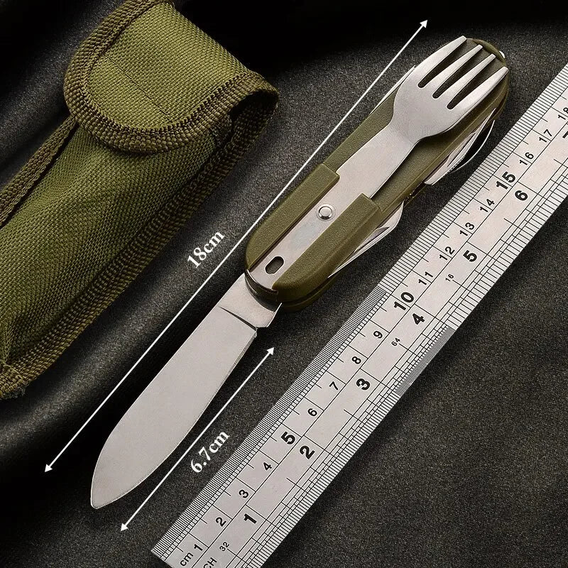 7-in-1 Multifunctional Camping Utensil – Foldable Stainless Steel Cutlery Set