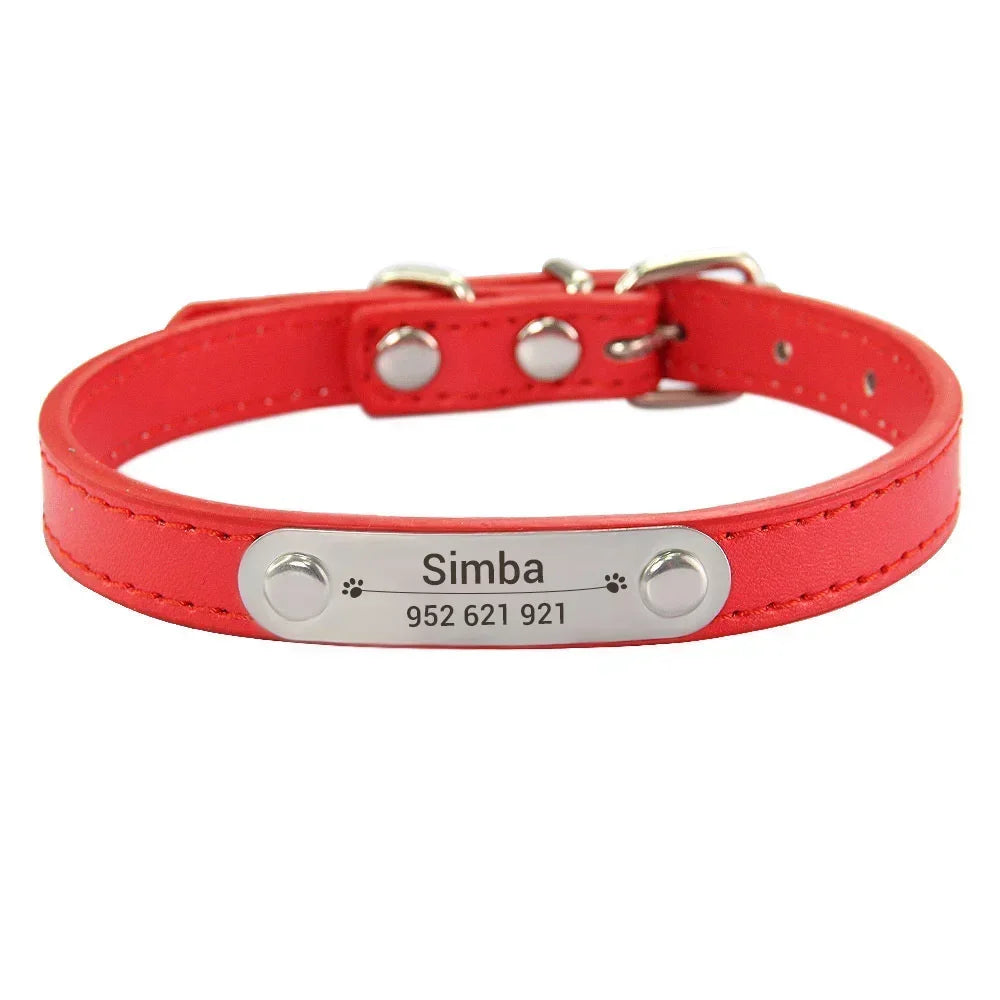 Personalized PU Leather Dog Collar – Custom Name ID Tag, Anti-Lost Design (Pink)