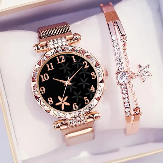 Floral Glow Watch & Bracelet Set – Elegant 2PCS for Women