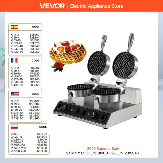 VEVOR Electric Waffle Maker – Single/Double Head 180mm Nonstick Round Waffle Machine