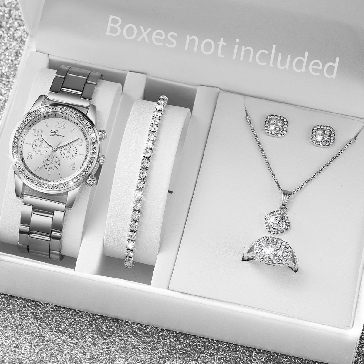 6PCS Women's Rhinestone Watch & Jewelry Set – Stainless Steel Quartz Elegance