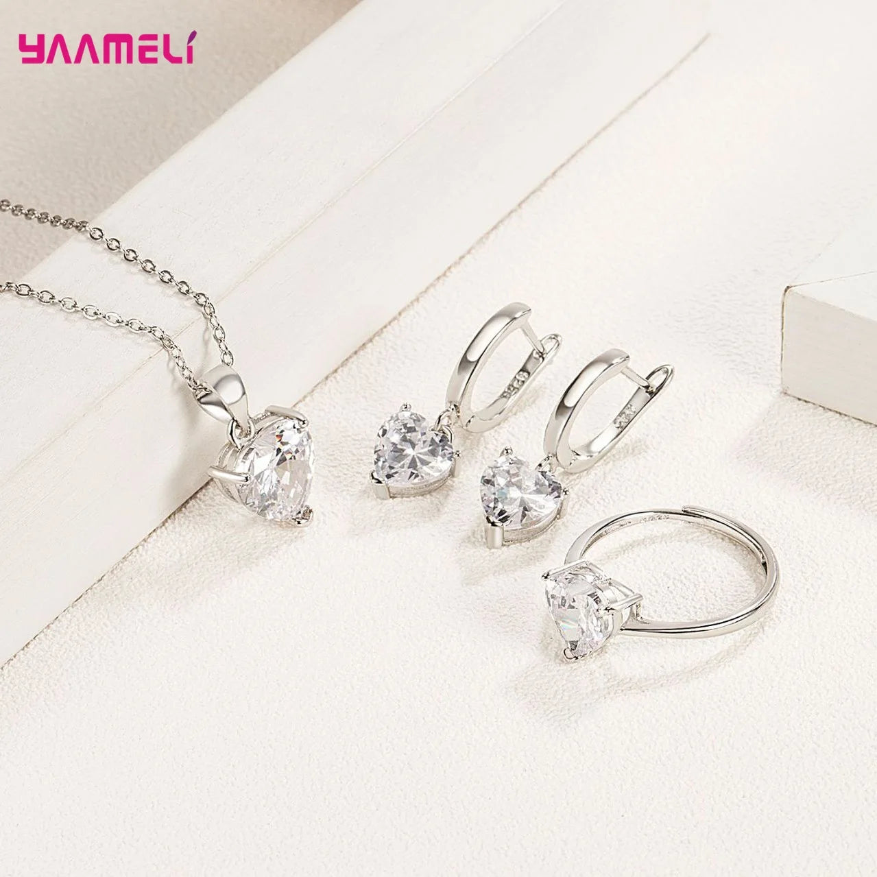 Sterling Silver 925 Heart Jewelry Gift Set – Necklace, Earrings & Ring with Zircon