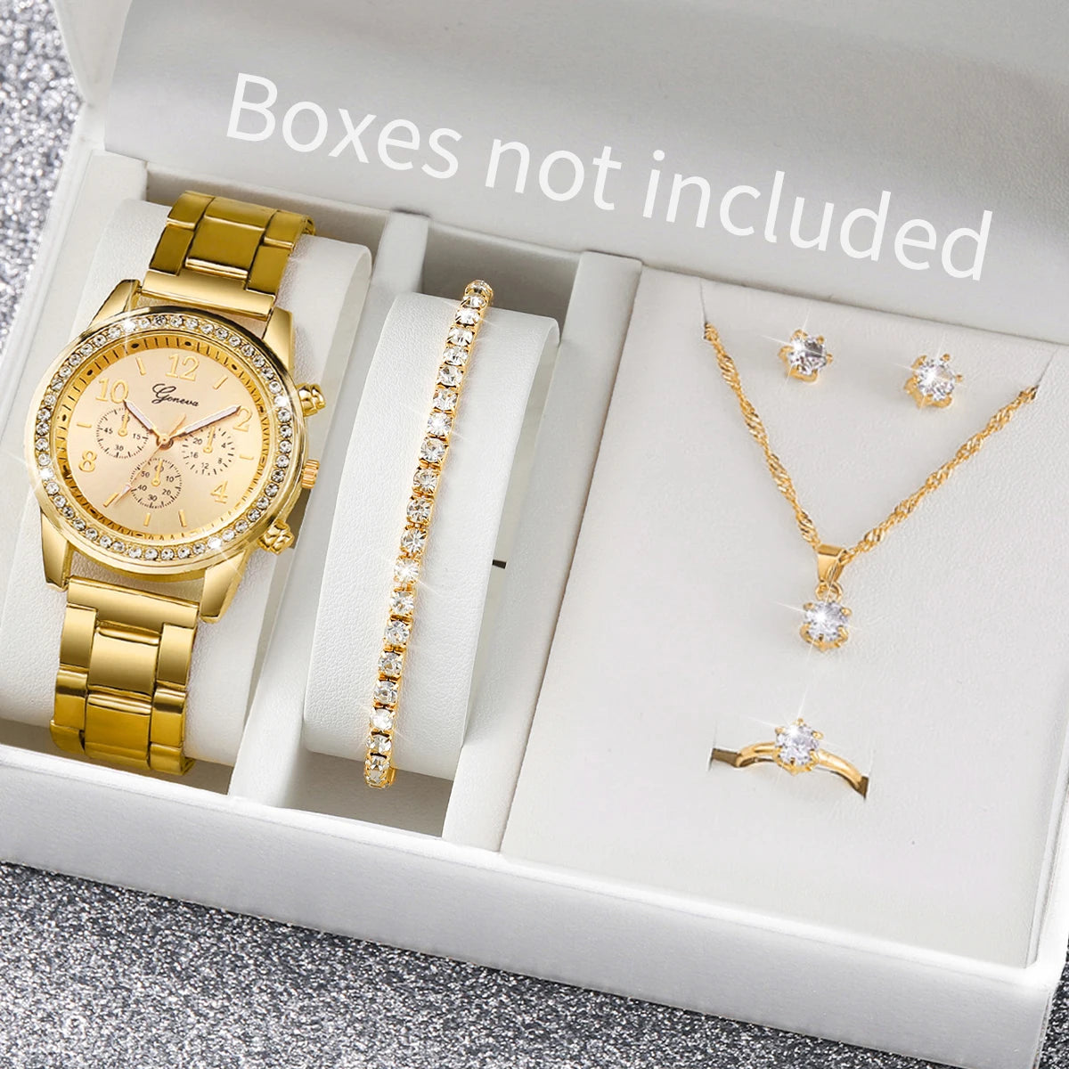 6PCS Women's Rhinestone Watch & Jewelry Set – Stainless Steel Quartz Elegance