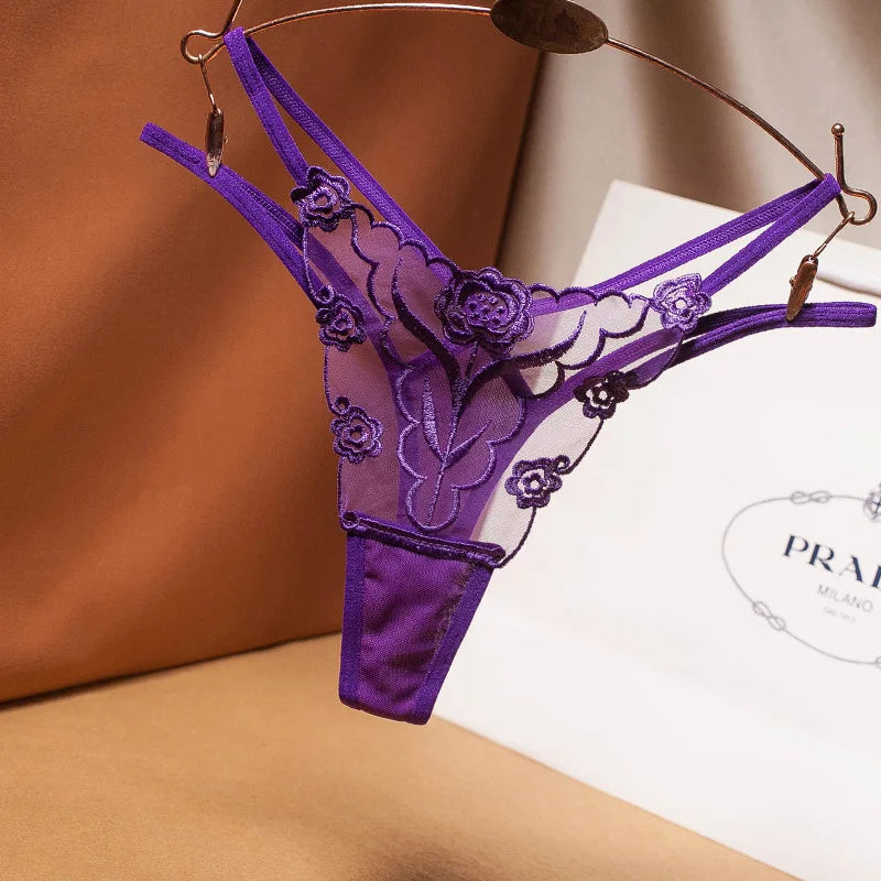 Embroidered Mesh Thong – Seamless Transparent Panties for Women (Plus Size Available)