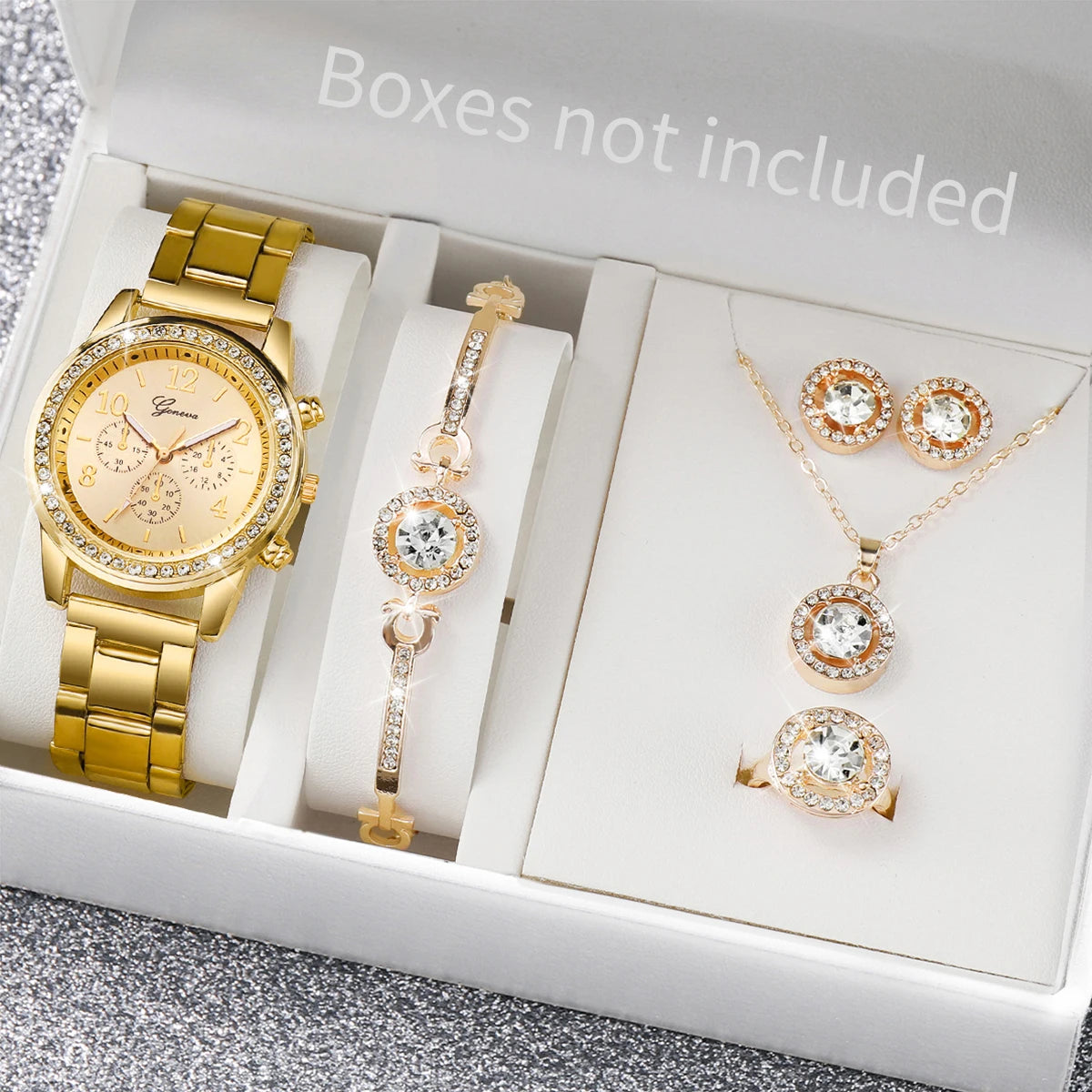 6PCS Women's Rhinestone Watch & Jewelry Set – Stainless Steel Quartz Elegance
