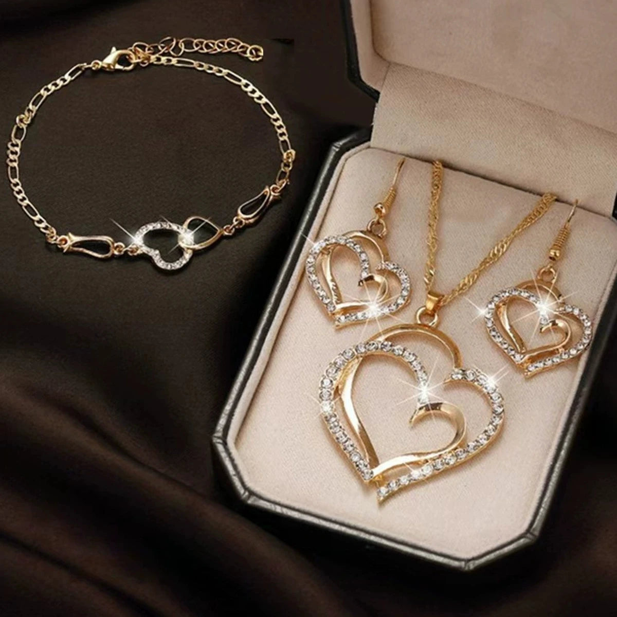 3-Piece Double Heart Jewelry Set – Rhinestone Necklace & Earrings for Women