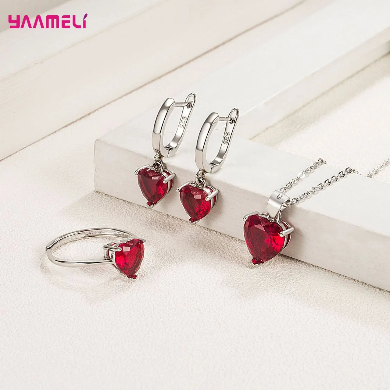 Sterling Silver 925 Heart Jewelry Gift Set – Necklace, Earrings & Ring with Zircon