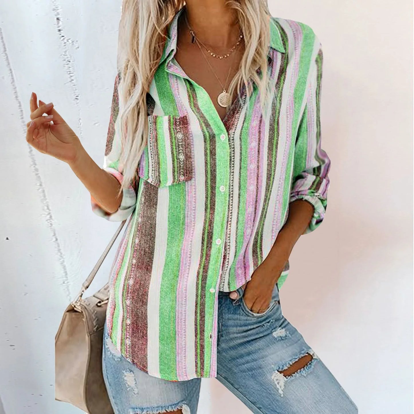 StriVibe – 2025 Striped V-Neck Button Blouse