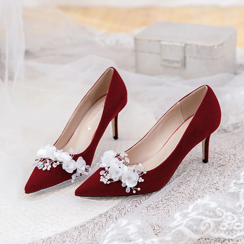 Xiuhe Elegance 2025 – Burgundy Mid Heel Bridal Shoes