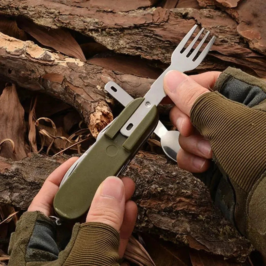 7-in-1 Multifunctional Camping Utensil – Foldable Stainless Steel Cutlery Set