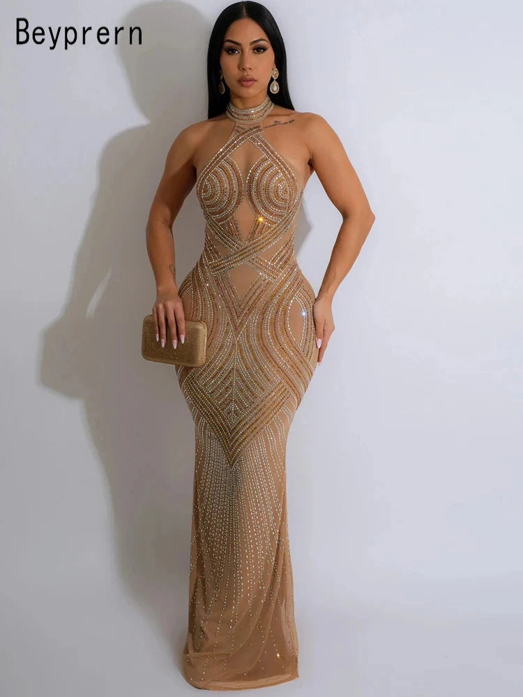 GlamMesh – Rhinestone Backless Maxi Dress for Show-Stopping Evenings
