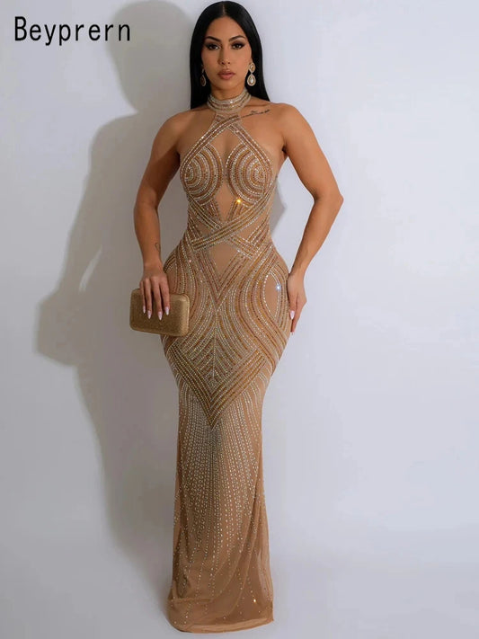 GlamMesh – Rhinestone Backless Maxi Dress for Show-Stopping Evenings