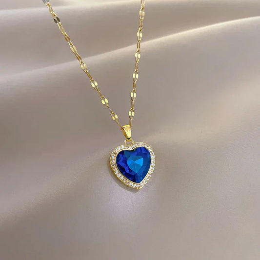 Blue Zircon Heart Pendant Necklace – 316L Stainless Steel Clavicle Chain Jewelry Gift