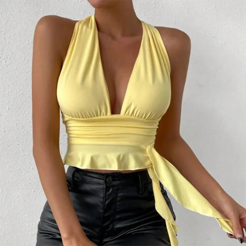 VGlow – Women's Deep V-Neck Pleated Sexy Top