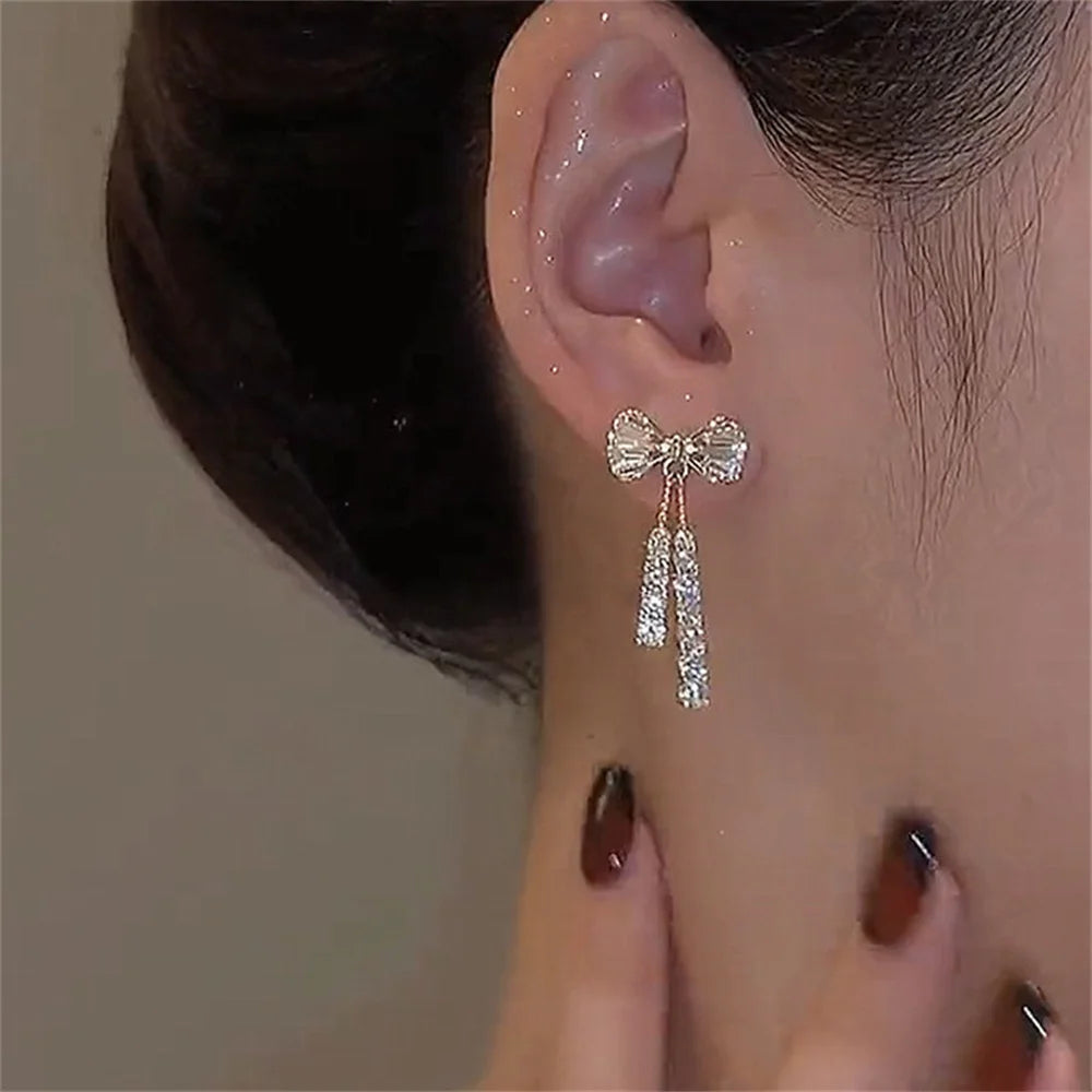 Zircon Bow Tassel Earrings – Trendy Acrylic Crystal Party Jewelry for Women