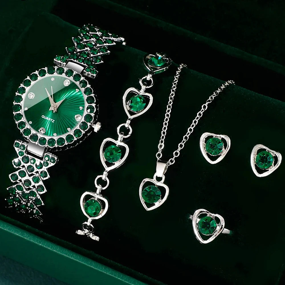Women’s Luxury Watch & Jewelry Set – Heart Rhinestone Watch, Ring, Necklace & Earrings