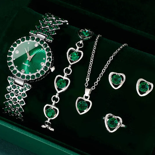 Women’s Luxury Watch & Jewelry Set – Heart Rhinestone Watch, Ring, Necklace & Earrings
