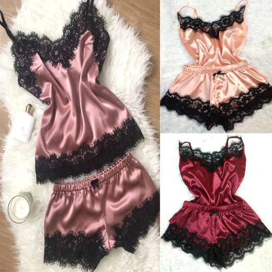 SilkWhisper – Lace Trim Satin Cami Set
