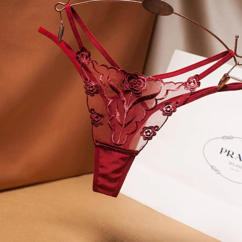Embroidered Mesh Thong – Seamless Transparent Panties for Women (Plus Size Available)