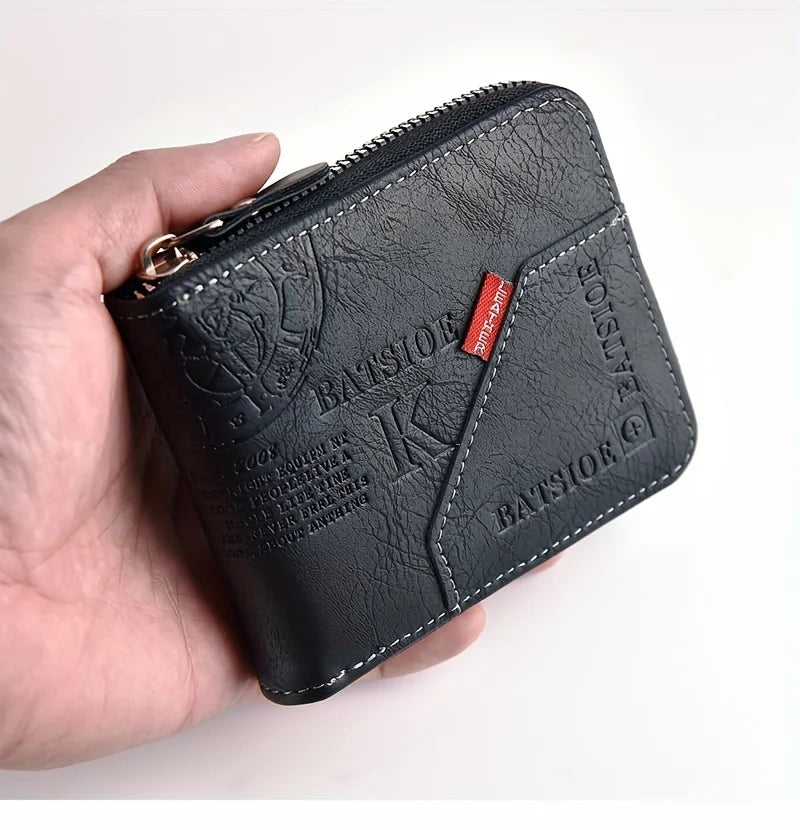 Men’s PU Wax Oil Skin Zipper Wallet – Coin & Card Holder Purse