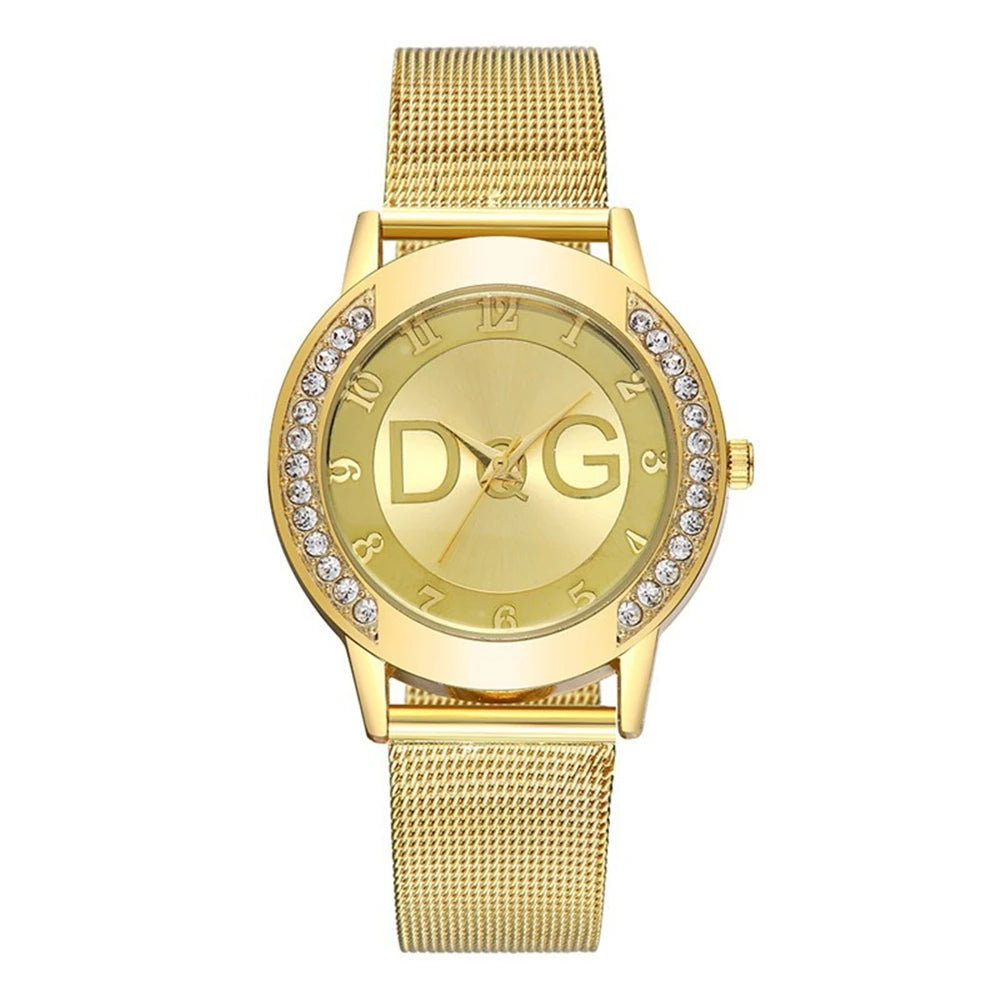 StarGleam DQG – Women's Diamond Quartz Watch with Gold Mesh Strap