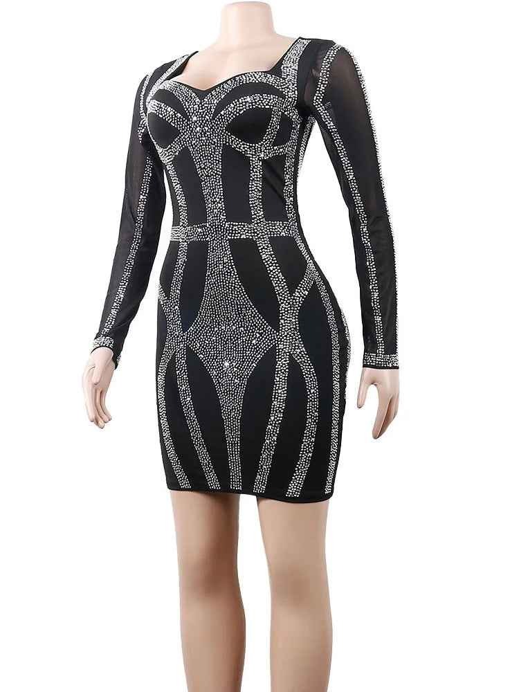 StarMist – Sparkle Black Rhinestone Bodycon Mini Dress