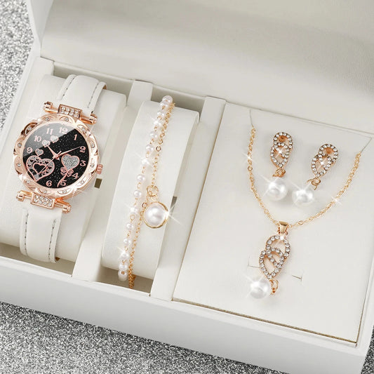 Shiny Rhinestone Watch & Faux Pearl Jewelry Set – 4PCS Elegant Gift for Her