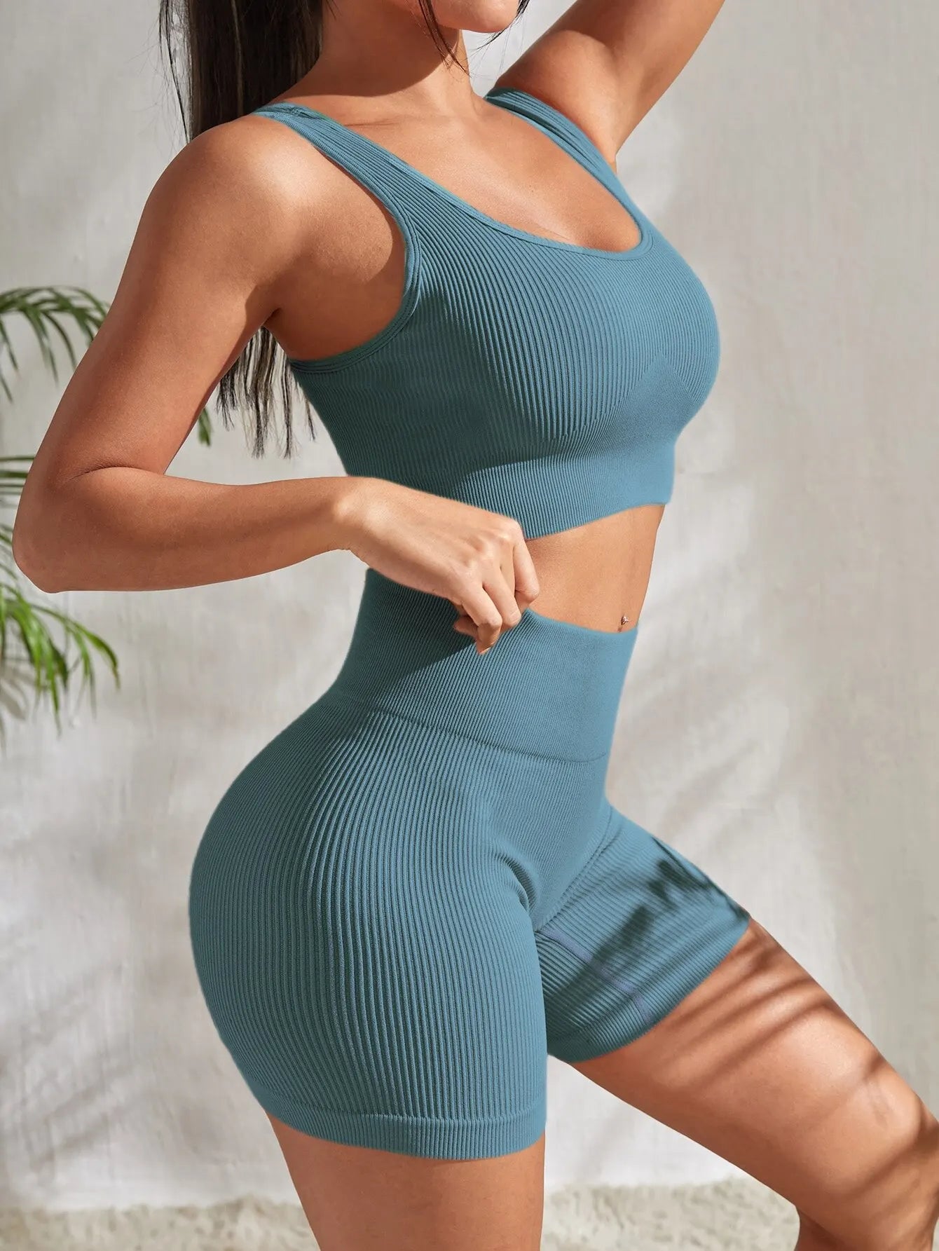 Seamless Ribbed Yoga Set – 2-Piece Crop Tank & High Waist Shorts for Women