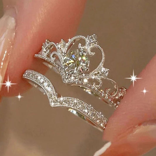 2PCS Fairy Sparkling Crown Rings – Adjustable Crystal Rings for Women & Teens