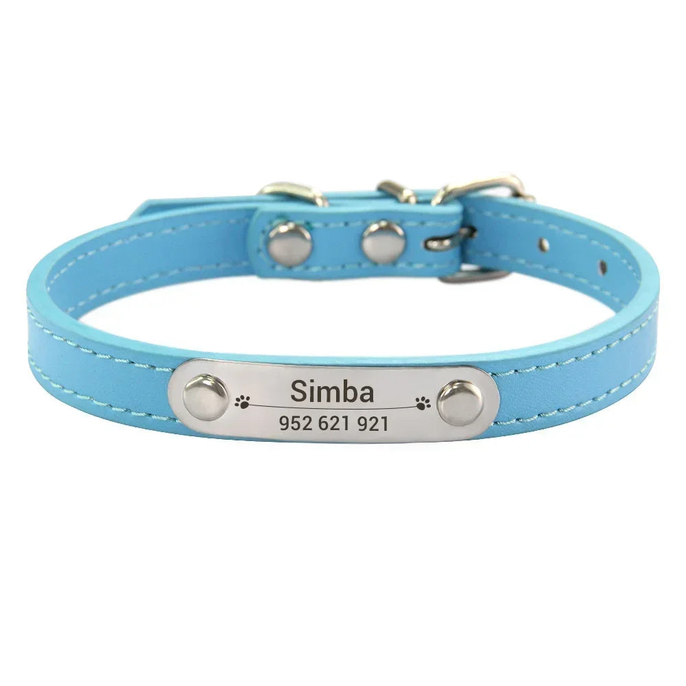 Personalized PU Leather Dog Collar – Custom Name ID Tag, Anti-Lost Design (Pink)