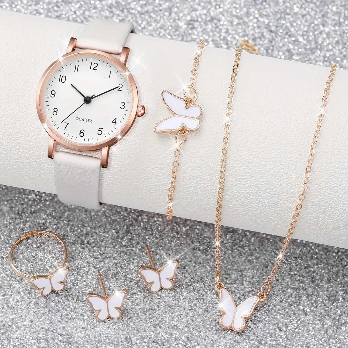 Women's Arabic Dial Watch & Butterfly Jewelry Set – PU Leather Strap
