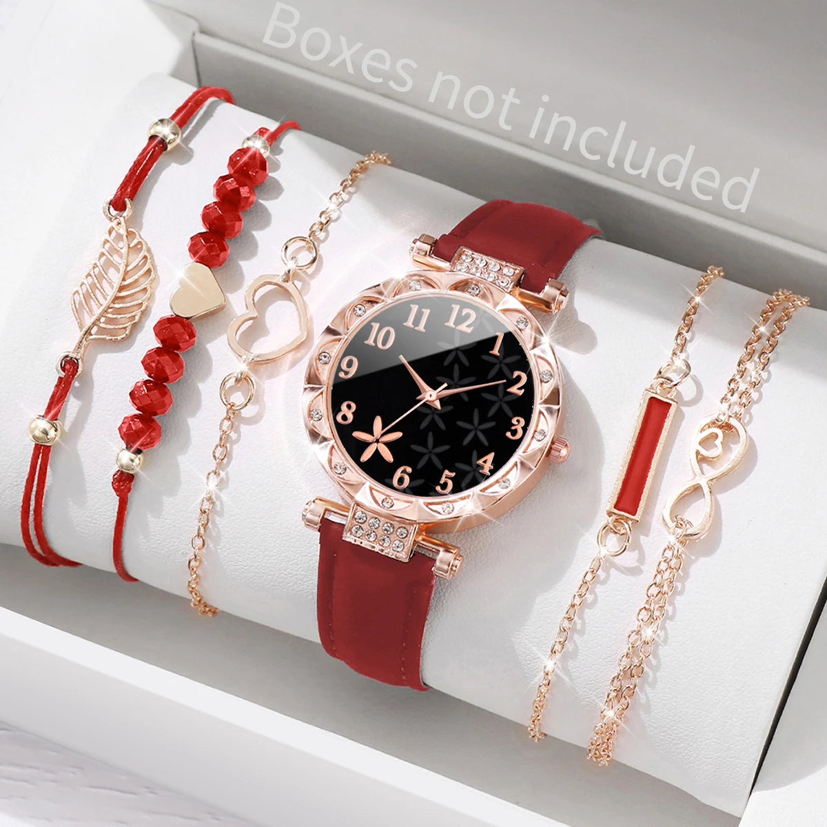 6-Piece Women’s Fashion Watch & Bracelet Set – Heart Dial Leather Band Quartz