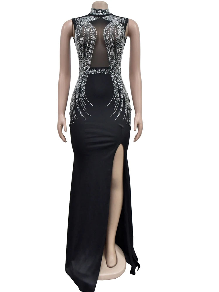 MidnightGlint – Black Mesh Crystal Maxi Dress with High Slit
