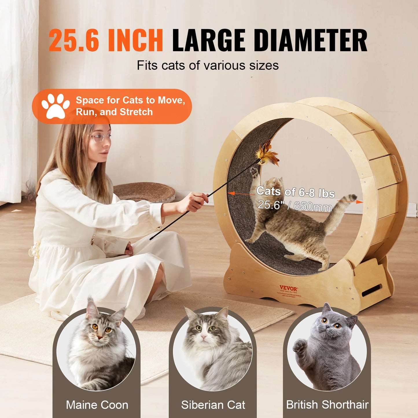 VEVOR Cat Exercise Wheel – Natural Wood Silent Treadmill with Removable Carpet