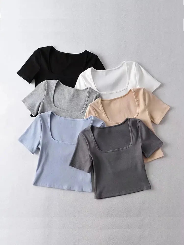 Women’s Square Neck Ribbed Crop T-Shirt – Short Sleeve